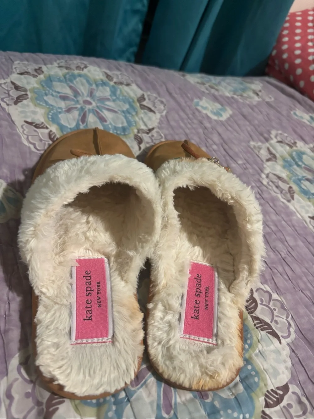 kate spade Tan Faux-Suede Slip-On Slippers with Cream Fur Trim